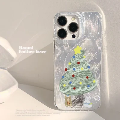 Luxury Christmas Tree Graphic Phone Case for IPhone 16 15 14 13 12 11 X XR Xs SE2 SE3 8 7 Plus Pro Max Mini Laser Silver Cover