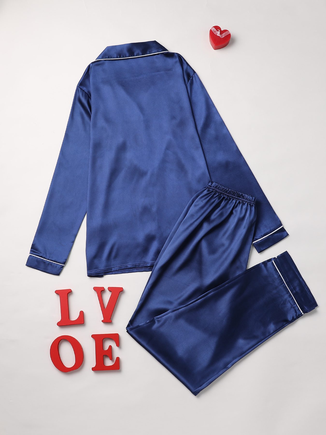 Long Sleeve Solid Pajama Set - Women's Sleepwear & Loungewear Button Up Lapel Top & Pants Pj Set