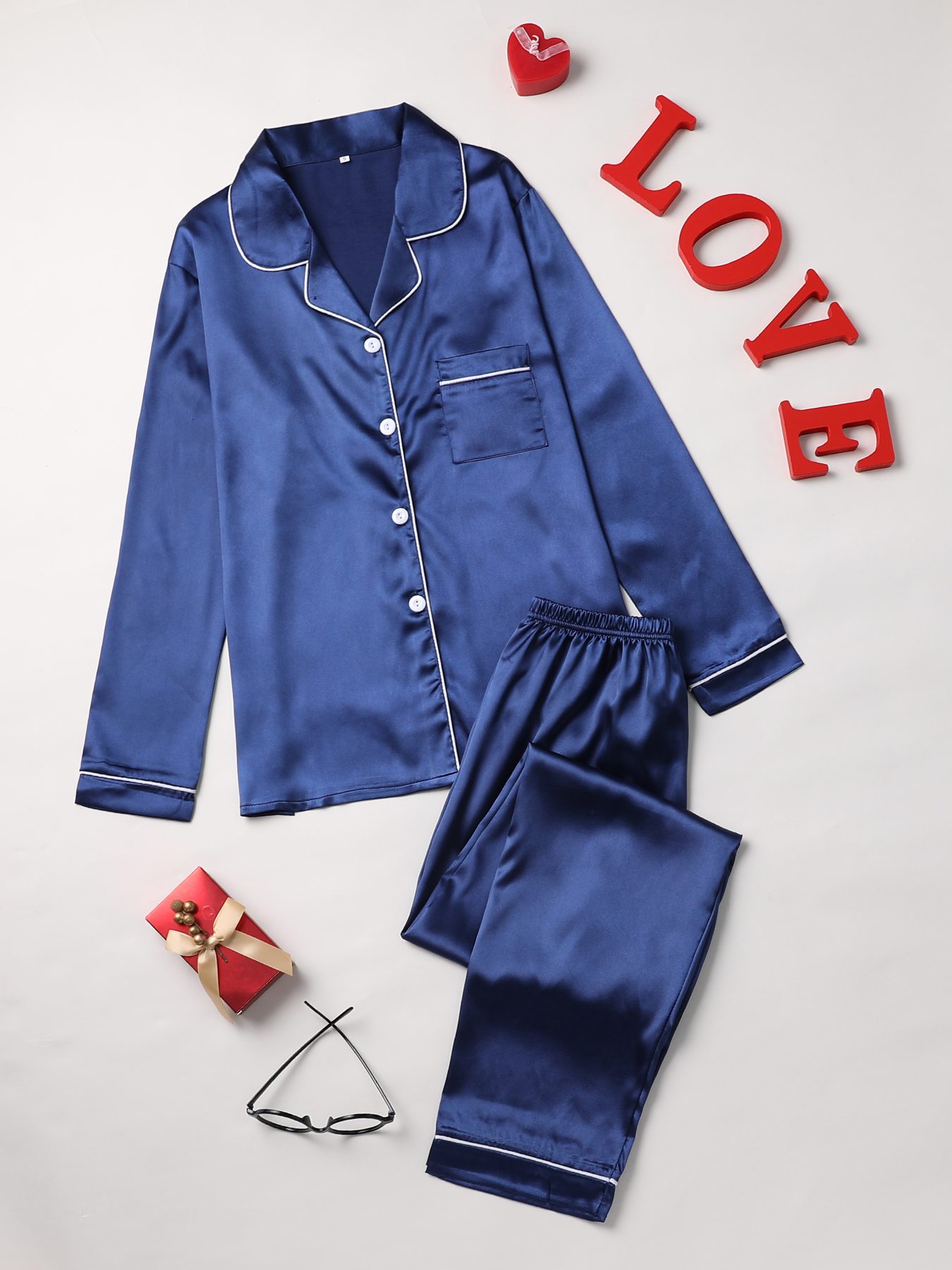 Long Sleeve Solid Pajama Set - Women's Sleepwear & Loungewear Button Up Lapel Top & Pants Pj Set