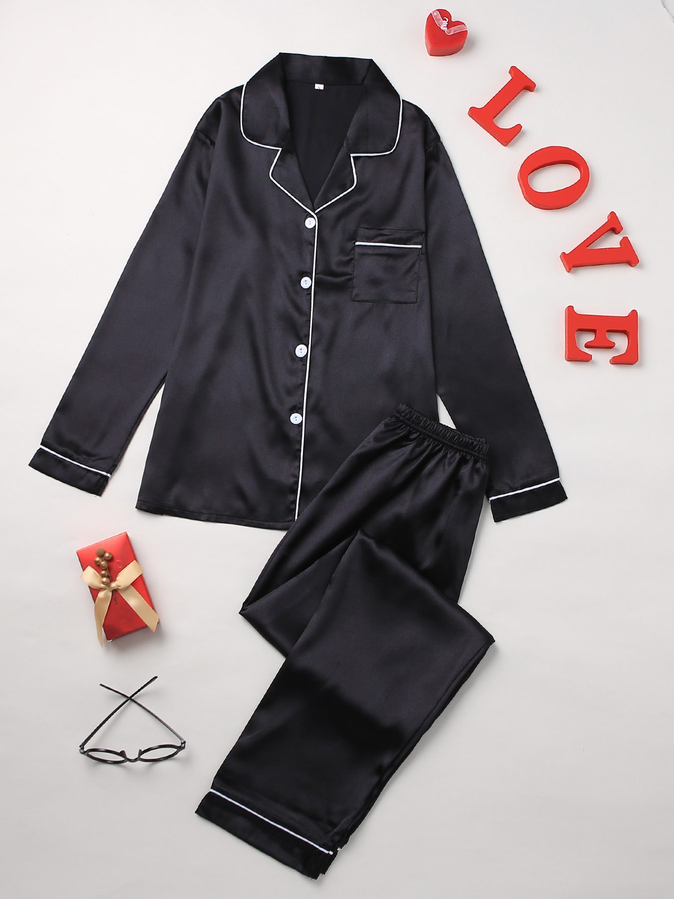 Long Sleeve Solid Pajama Set - Women's Sleepwear & Loungewear Button Up Lapel Top & Pants Pj Set