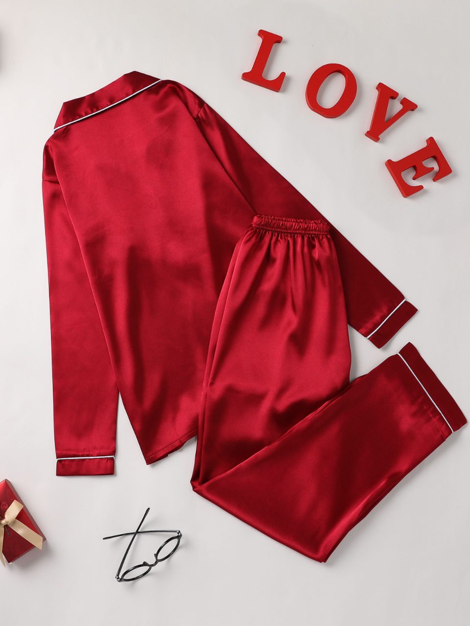 Long Sleeve Solid Pajama Set - Women's Sleepwear & Loungewear Button Up Lapel Top & Pants Pj Set