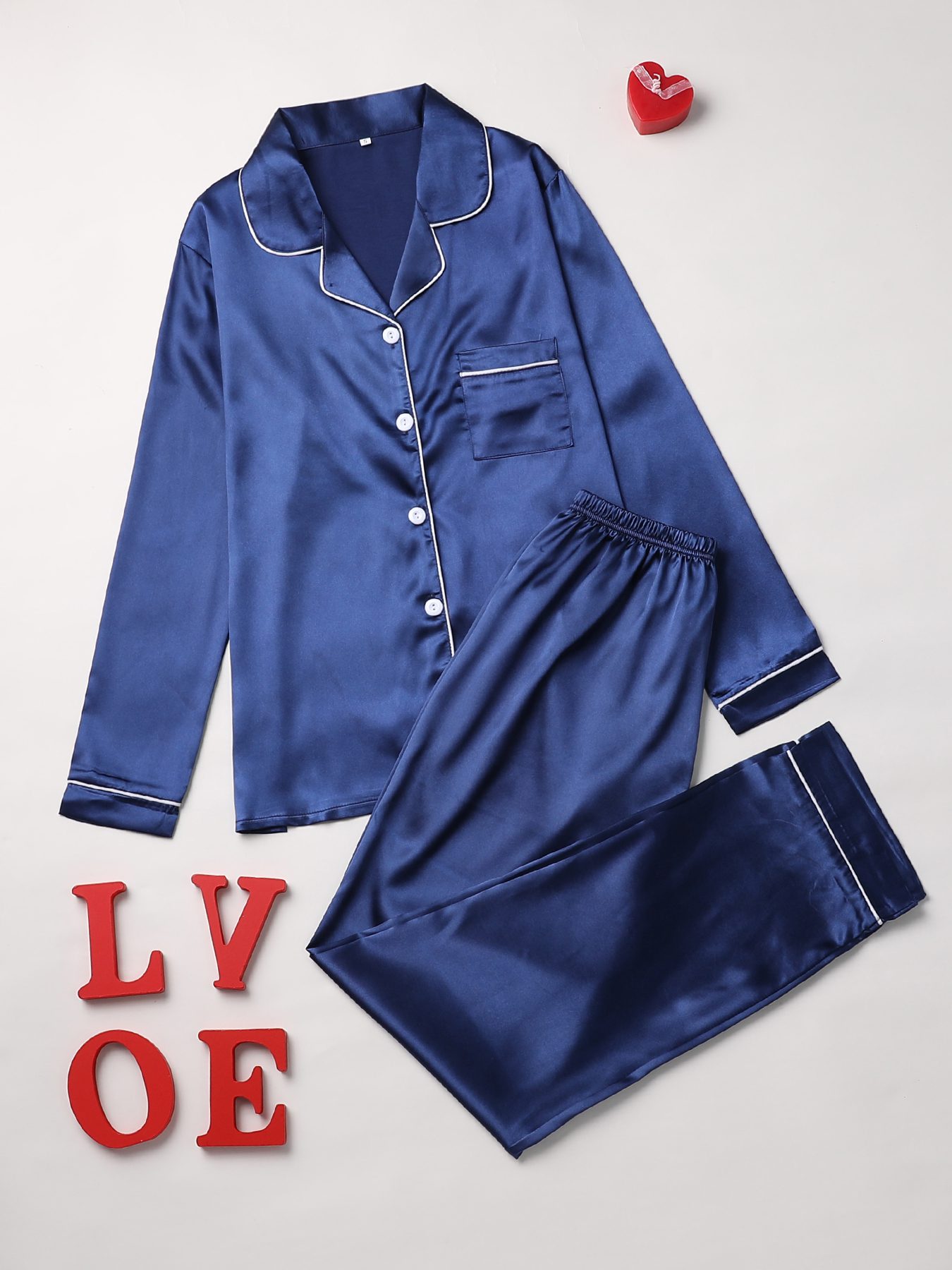 Long Sleeve Solid Pajama Set - Women's Sleepwear & Loungewear Button Up Lapel Top & Pants Pj Set