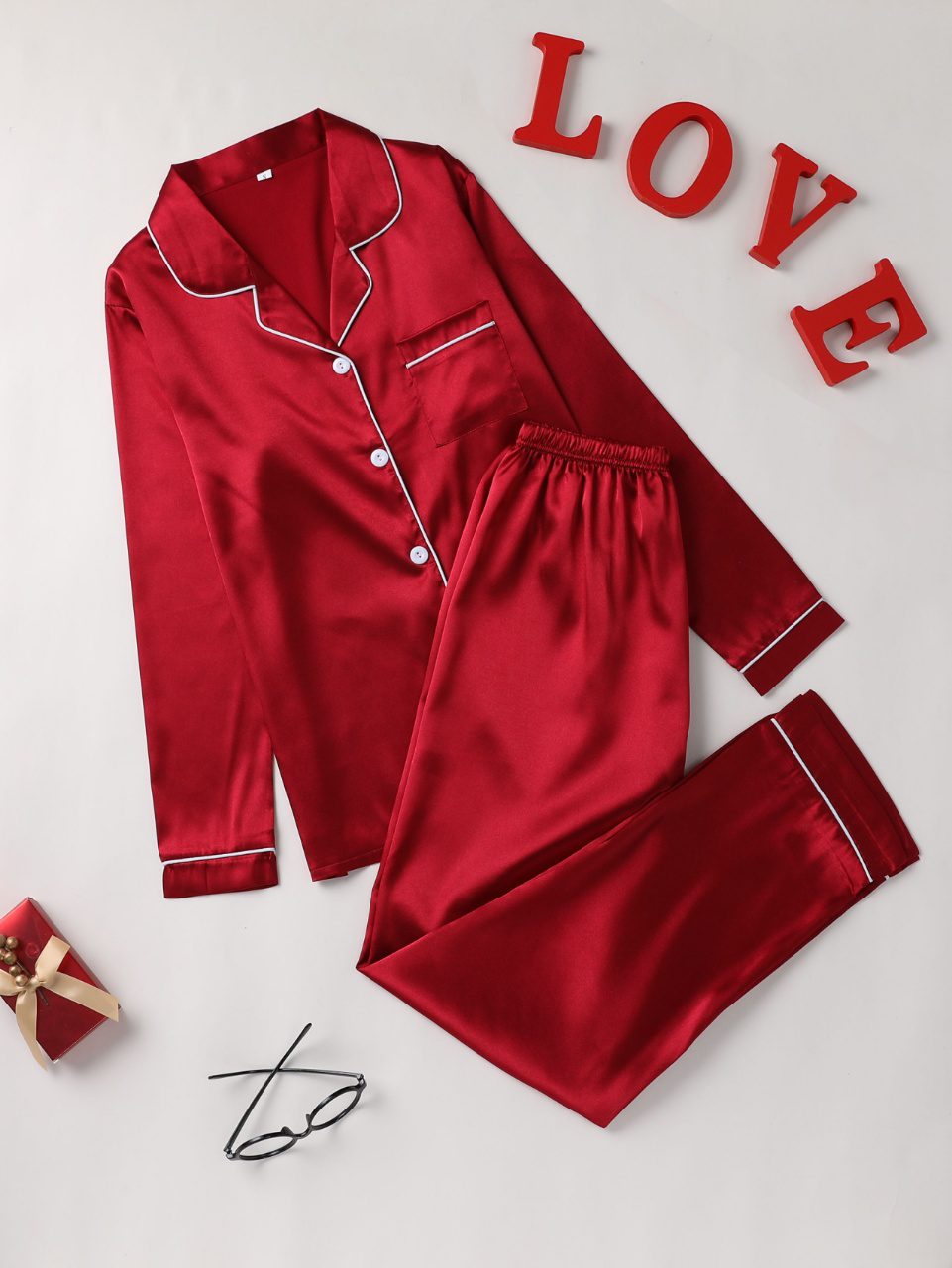 Long Sleeve Solid Pajama Set - Women's Sleepwear & Loungewear Button Up Lapel Top & Pants Pj Set