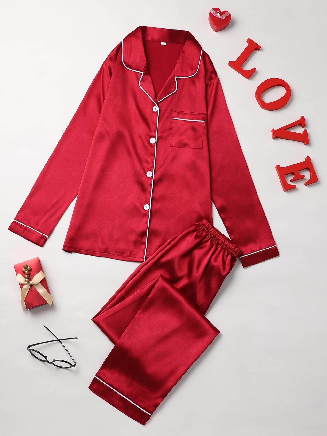 Long Sleeve Solid Pajama Set - Women's Sleepwear & Loungewear Button Up Lapel Top & Pants Pj Set