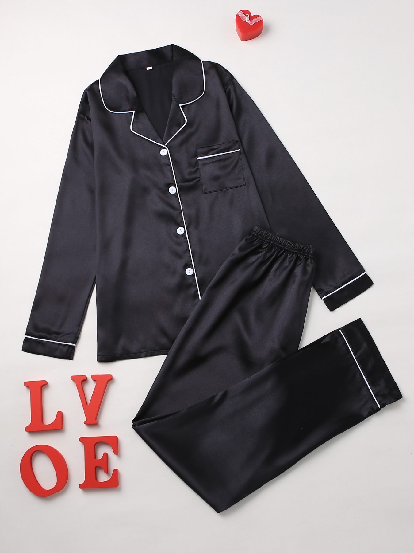 Long Sleeve Solid Pajama Set - Women's Sleepwear & Loungewear Button Up Lapel Top & Pants Pj Set