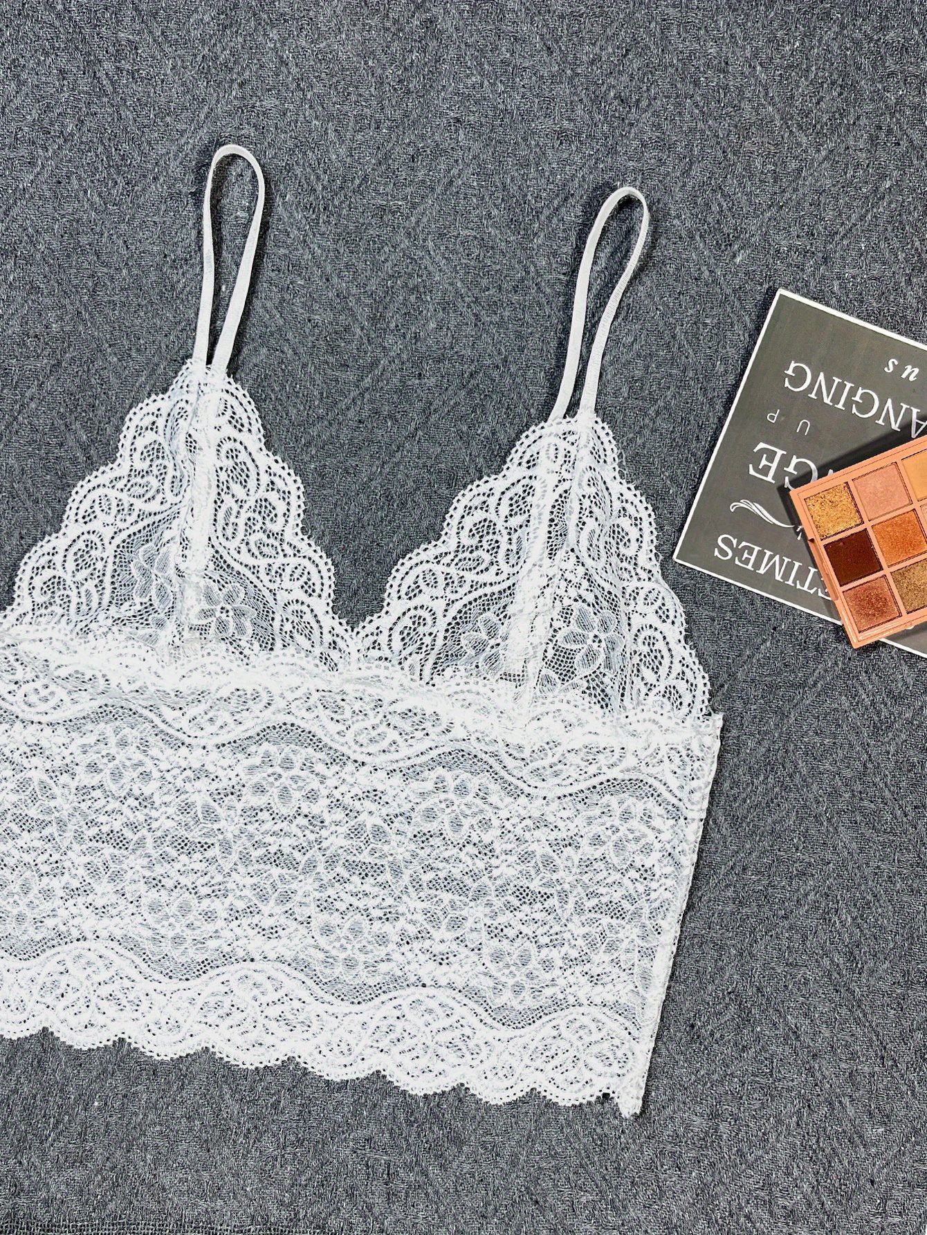 [Lace Lingerie Set with Scallop Trim] Scallop Trim Lace Lingerie Set, See Through V Neck Bra & Lace Trim Shorts, Women's Lingerie & Underwear
