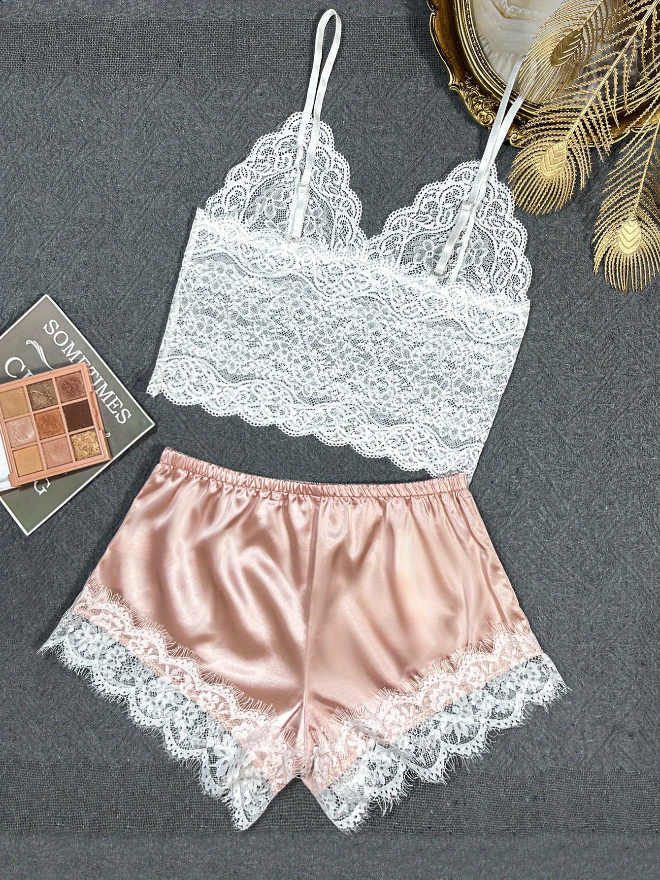 [Lace Lingerie Set with Scallop Trim] Scallop Trim Lace Lingerie Set, See Through V Neck Bra & Lace Trim Shorts, Women's Lingerie & Underwear