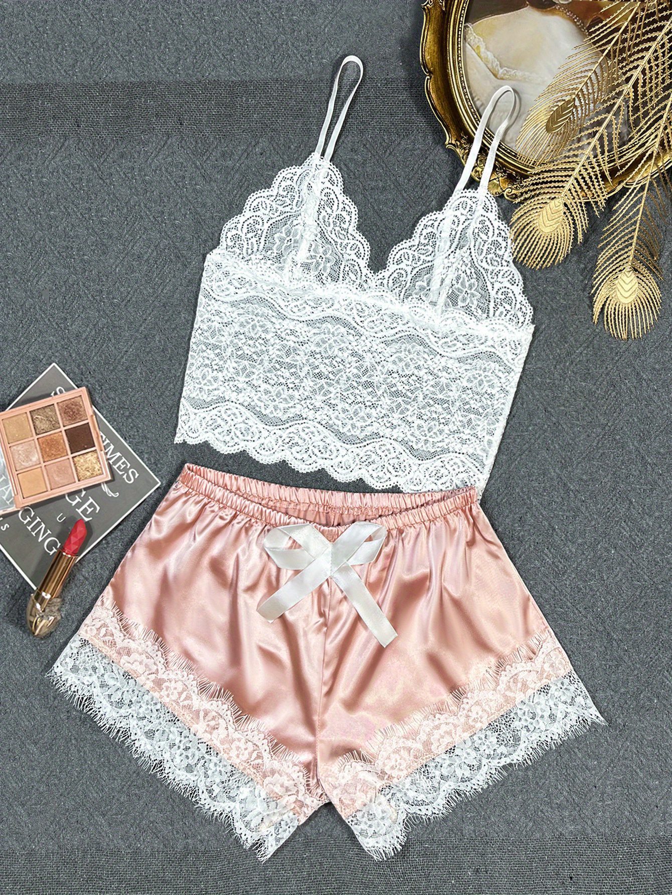 [Lace Lingerie Set with Scallop Trim] Scallop Trim Lace Lingerie Set, See Through V Neck Bra & Lace Trim Shorts, Women's Lingerie & Underwear