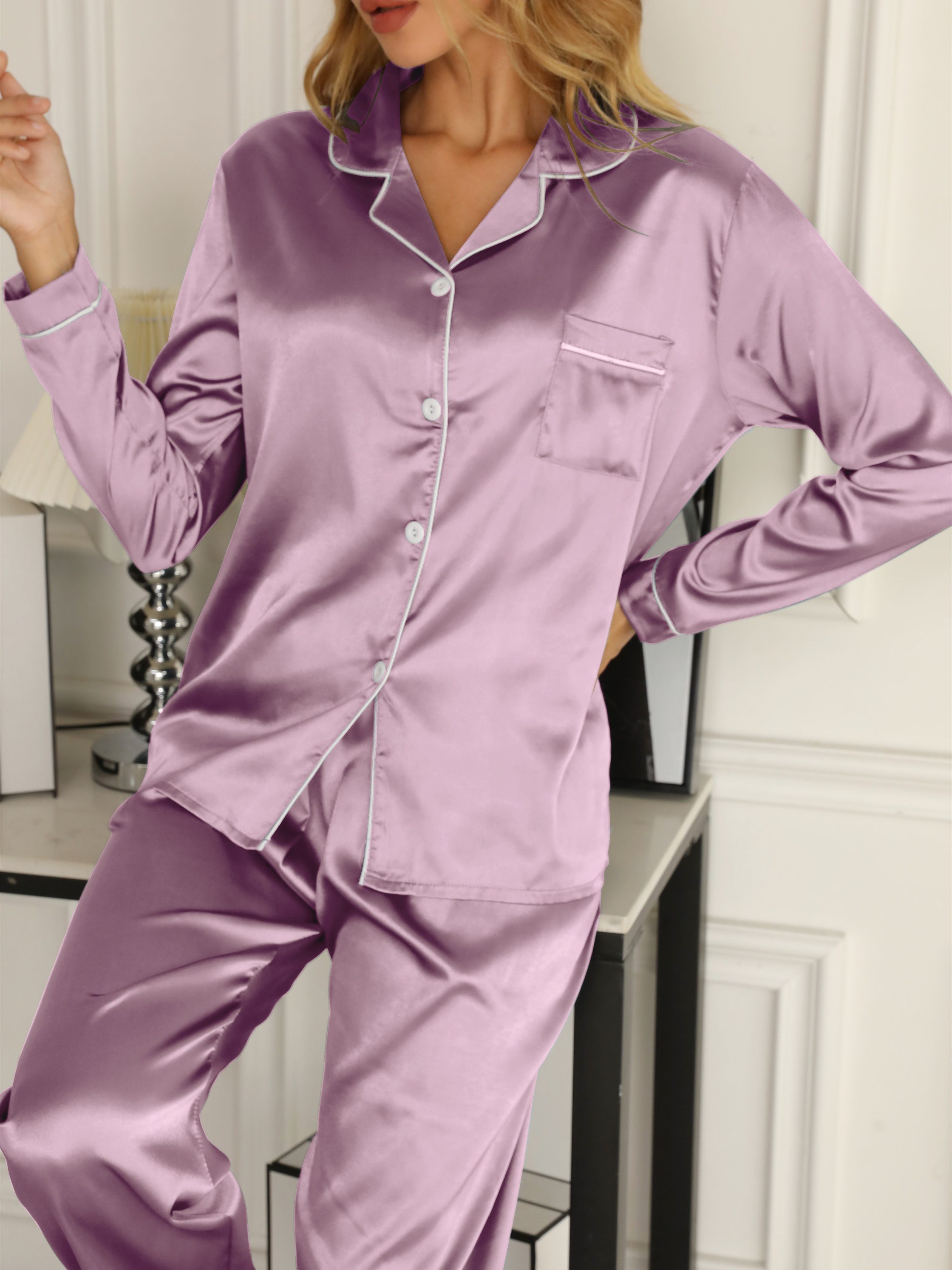 Long Sleeve Solid Pajama Set - Women's Sleepwear & Loungewear Button Up Lapel Top & Pants Pj Set