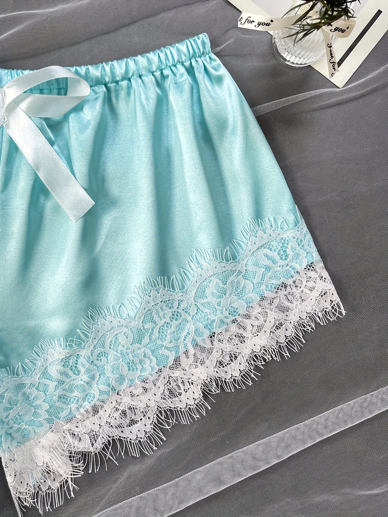 [Lace Lingerie Set with Scallop Trim] Scallop Trim Lace Lingerie Set, See Through V Neck Bra & Lace Trim Shorts, Women's Lingerie & Underwear
