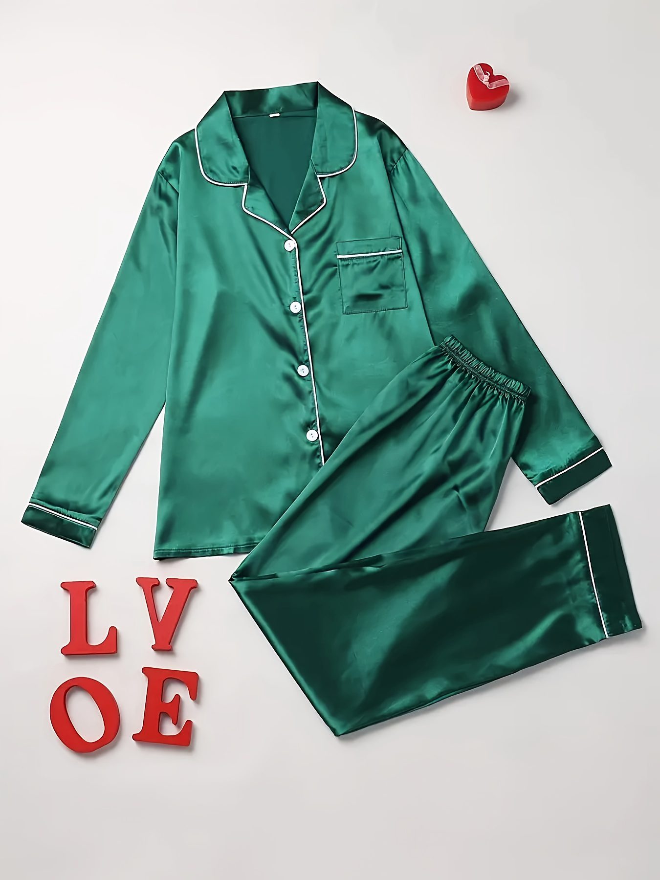 Long Sleeve Solid Pajama Set - Women's Sleepwear & Loungewear Button Up Lapel Top & Pants Pj Set