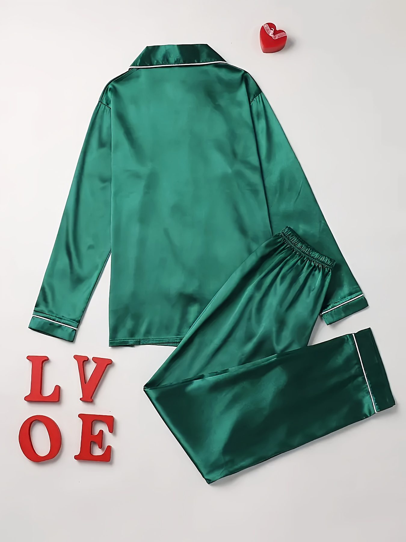 Long Sleeve Solid Pajama Set - Women's Sleepwear & Loungewear Button Up Lapel Top & Pants Pj Set
