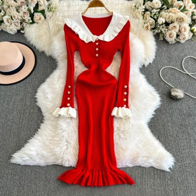YuooMuoo Chic Fashion Sexy Package Hips Ruffled Knitted Dress Women Slim Elastic Ribbed Long Sweater Dress Elegant Party Bodycon