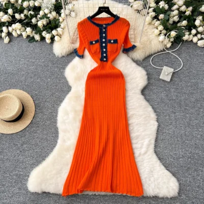 YuooMuoo Chic Fashion Sexy Packages Knitted Maxi Dress Spring Summer Vintage Denim Patchwork Long Sweater Dress Lady Vestidos