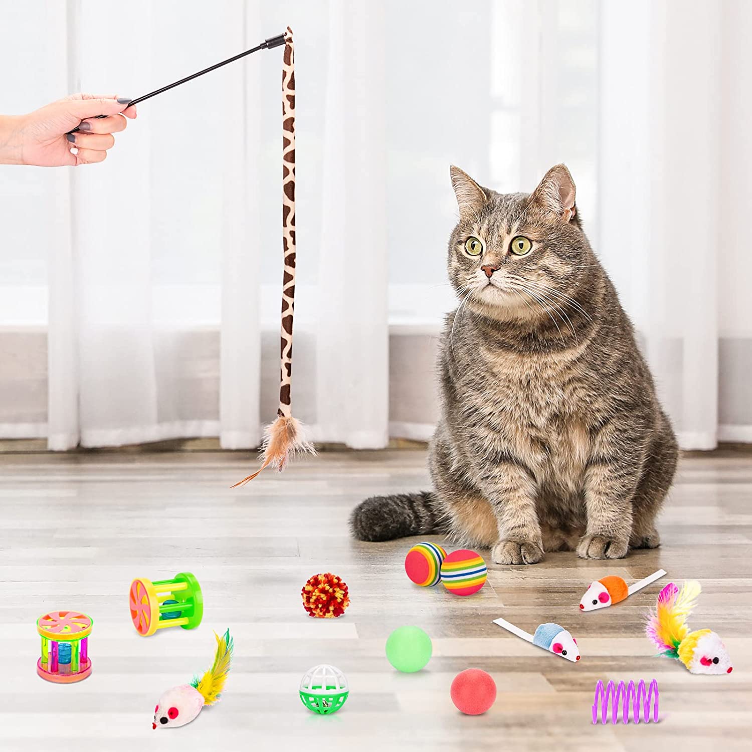 Myuilor Interactive Cat Toy Set, 3-In-1 Cat Tunnel, 2-In-1 Cat Tunnel, Fluffy Mouse, Cat Wand, Cat Ball, Polyester Material, Artificial Feathers, Without Battery