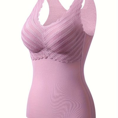 Contrast Lace Thermal Underwear Top, Soft & Comfortable Sleeveless Slim Top, Women's Lingerie & Sleepwear