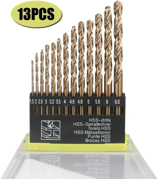 Perfactool 13pc HSS 1.5-6.5mm Round Shank Twist Drill Bit Set Titanium Coated Drilling Hole for Metal PVC Board - Image 1