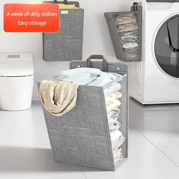 1pc Foldable Adhesive Laundry Basket Hamper, Multifunctional Punch Free Wall Hanging Washing Clothes Mesh Hook Organizer - Image 2