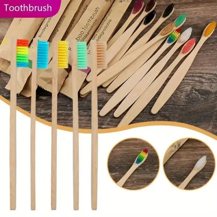kf-S04ccb0ff2fbc41a2b3829667aab02b77p 5pcs Bamboo Biodegradable Toothbrush Manual Wooden HandleToothbrushes With Soft Bristles For Sensitive Teeth Gums Oral Care - Image 1