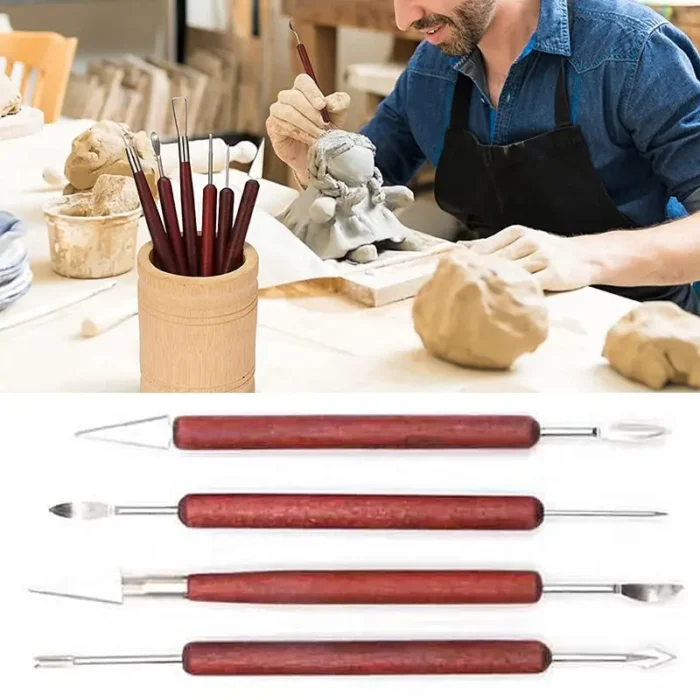 kf-S05077ba5a8934f90aa5cf1136f934757G 6PCS Sculpting Pottery Clay Tools Wood Handle Pottery Set Wax Carving Sculpt Smoothing Shaper Pottery Clay Ceramic Tool - Image 4