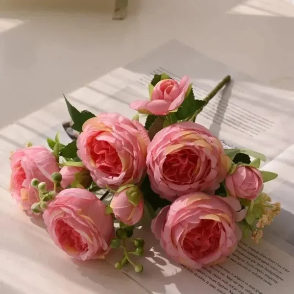 30cm Rose Pink Silk Bouquet Peony Artificial Flower 5 Big Head 4 Small Bud Bride Wedding Home Decoration Artificial Flower - Image 1