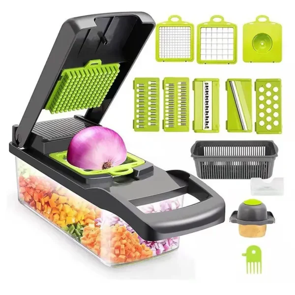 1Pc Green Black 12 in 1 Multifunctional Vegetable Slicer Cutter Shredders Slicer With Basket Fruit Potato Chopper Carrot Grater - Image 1