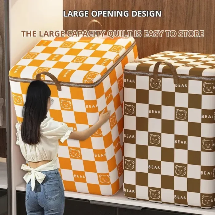 kf-S1072d2aff65e41378811a14f786c69e3f 1Pc Portable Large Capacity Quilt Storage Bag Cute Bear Plaid Pattern Clothes Organizer Perfect Home Moving Storage Bag - Image 1