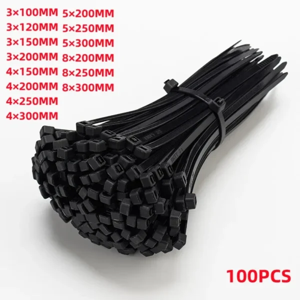 Self-locking plastic nylon tie 100 PCS black 5x300cable tie fastening ring4x200 cable tie zip wraps strap nylon cable tie set - Image 1