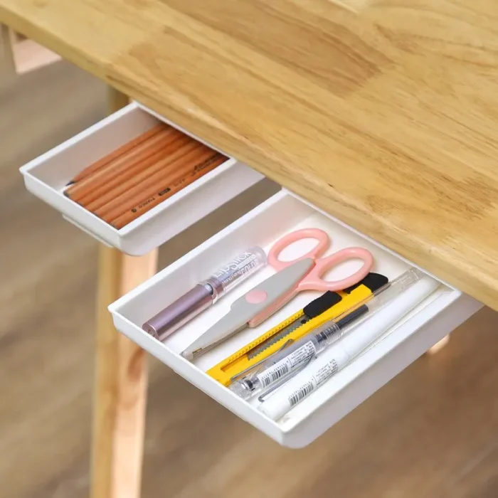 1pc White SelfAdhesive Storage Drawer Box Makeup Pencil Tray Desk Hidden Under Desk Stand Self-adhesive Under-drawer Storage Box - Image 2