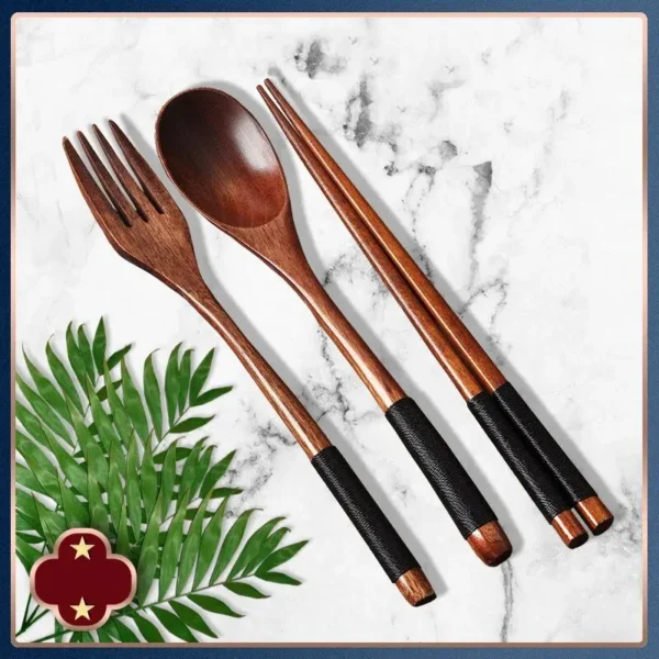 1pc Wooden Chopsticks Fork Spoon Three-piece Set Twine Japanese-style Tableware Kitchen Home Chopsticks Fork Spoon Cutlery Set - Image 4