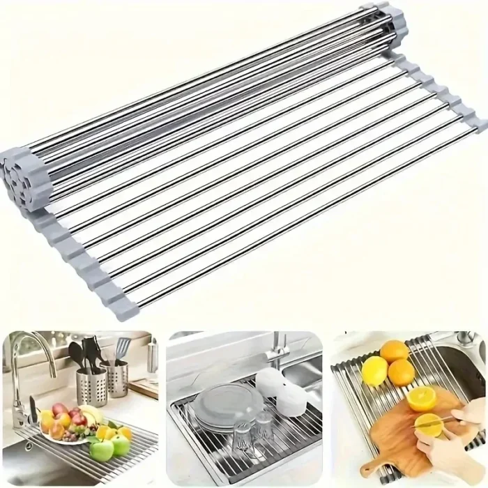 kf-S3678ba2309a64e679959e462dff90a4fj Silicone Stainless Steel Fruit & Vegetable Dish Drainer Kitchen Sink Shelf Kitchen Tools Sponge Holder Kitchen Tools Strainer - Image 1