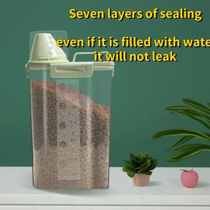 kf-S42db60e742ce4581947b60cfcd25e7d18 1.5kg/2kg Dog Cat Food Pail Plastic Storage Tank with Measuring Cup Container Moisture-proof Sealed Jar Pet Supplies Accessories - Image 2