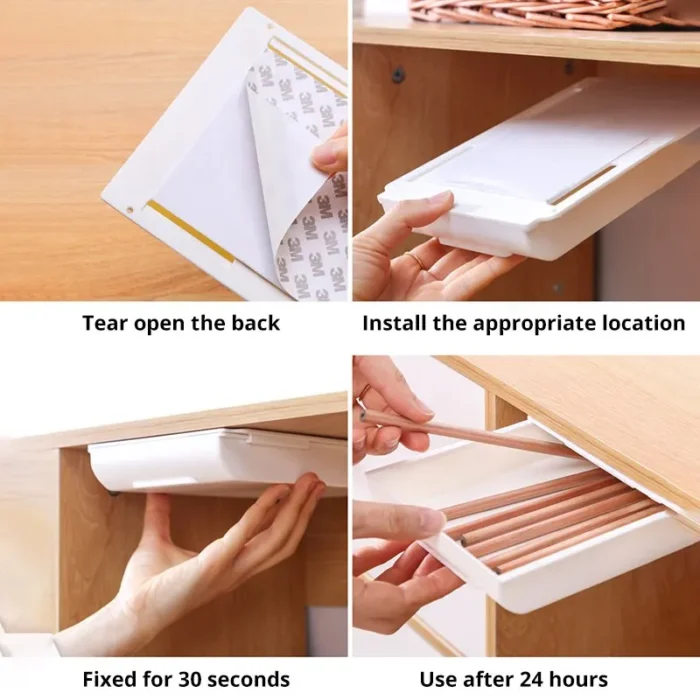 1pc White SelfAdhesive Storage Drawer Box Makeup Pencil Tray Desk Hidden Under Desk Stand Self-adhesive Under-drawer Storage Box - Image 5