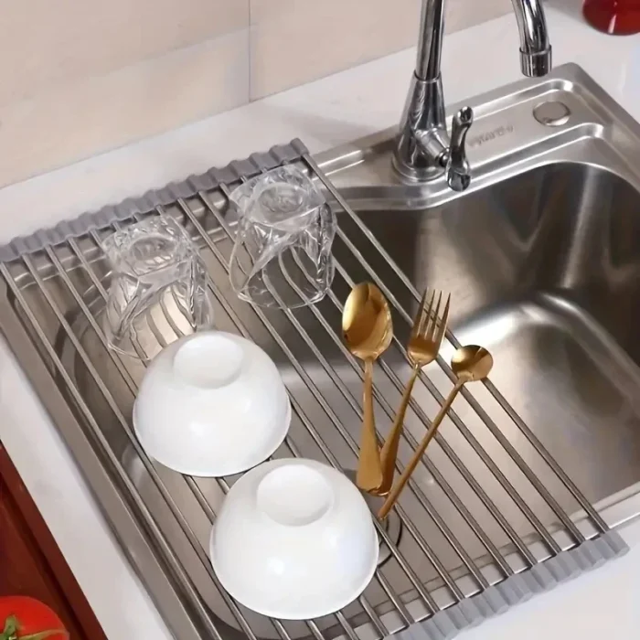 kf-S4c3959558f6740dbbeed22bc2991dabcU Silicone Stainless Steel Fruit & Vegetable Dish Drainer Kitchen Sink Shelf Kitchen Tools Sponge Holder Kitchen Tools Strainer - Image 2