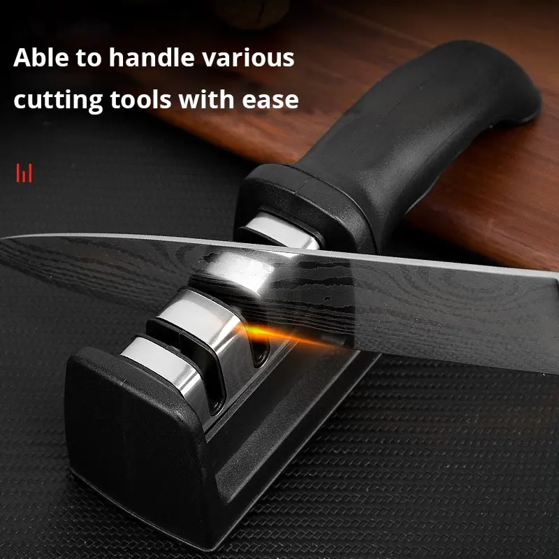 kf-S52b78089a58c4df1b8ddd5912485c484F 1Pc Black Kitchen Three Segment Knife Sharpener Household Multi Functional Hand Held Three Purpose Sharpening Stone Kitchen Tool - Image 1