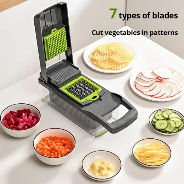 1Pc Green Black 12 in 1 Multifunctional Vegetable Slicer Cutter Shredders Slicer With Basket Fruit Potato Chopper Carrot Grater - Image 2