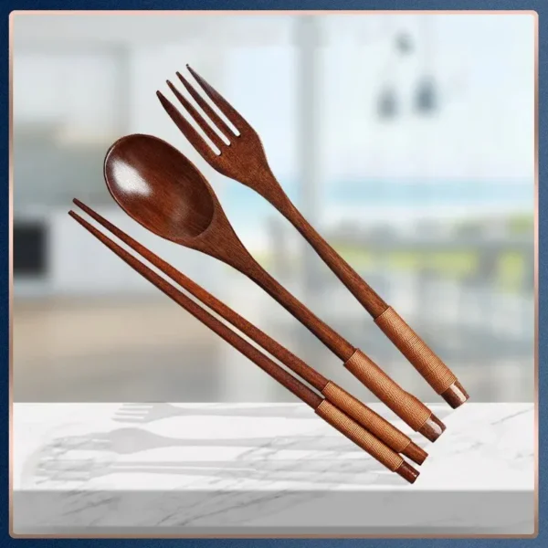 1pc Wooden Chopsticks Fork Spoon Three-piece Set Twine Japanese-style Tableware Kitchen Home Chopsticks Fork Spoon Cutlery Set - Image 3