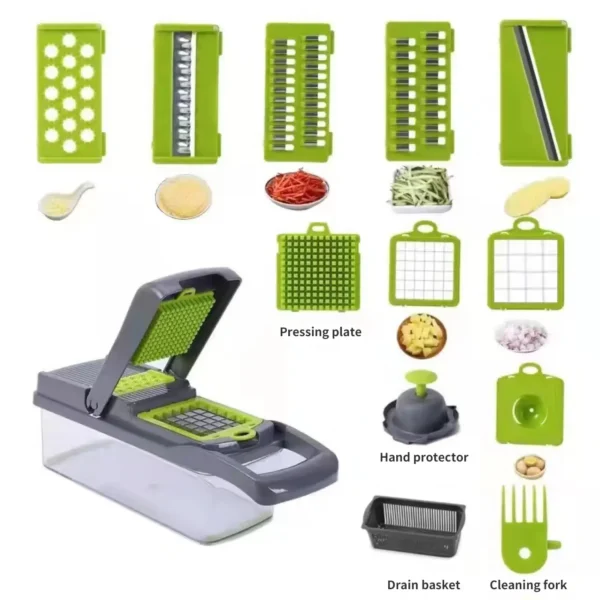 1Pc Green Black 12 in 1 Multifunctional Vegetable Slicer Cutter Shredders Slicer With Basket Fruit Potato Chopper Carrot Grater - Image 3