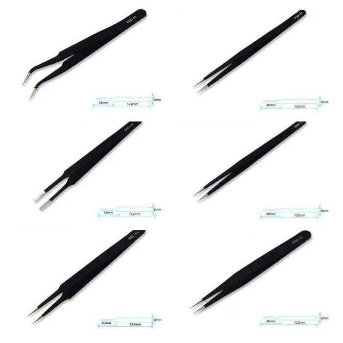 kf-S6121d4c8d6a34f789395a04d7761b1a24 6pcs Precision Long Tweezers Set ESD Anti-Static Stainless SteelTweezers Repair Tools For Electronics Repair Soldering Craft - Image 6