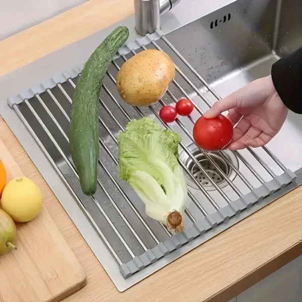 Silicone Stainless Steel Fruit & Vegetable Dish Drainer Kitchen Sink Shelf Kitchen Tools Sponge Holder Kitchen Tools Strainer - Image 3