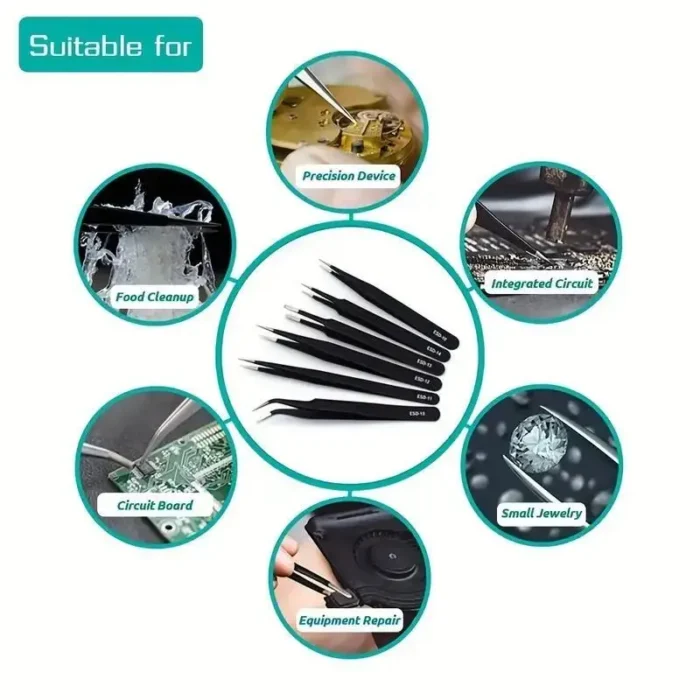 kf-S6fef4f3c375b4c38b8a962078f5a76a1p 6pcs Precision Long Tweezers Set ESD Anti-Static Stainless SteelTweezers Repair Tools For Electronics Repair Soldering Craft - Image 2