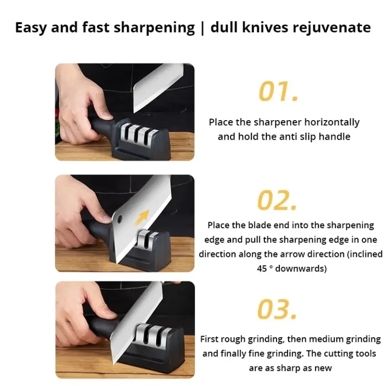 1Pc Black Kitchen Three Segment Knife Sharpener Household Multi Functional Hand Held Three Purpose Sharpening Stone Kitchen Tool - Image 5