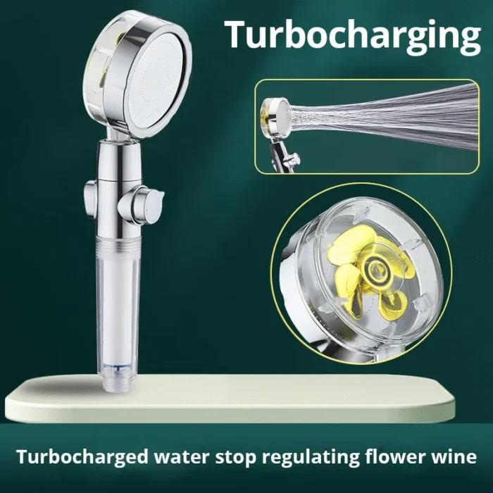 kf-S84c07a86e3b3451583c66113b26c78bc3 New Propeller Driven Shower Head Cotton Filter Turbocharged High Pressure Handheld Shower Nozzle - Image 1