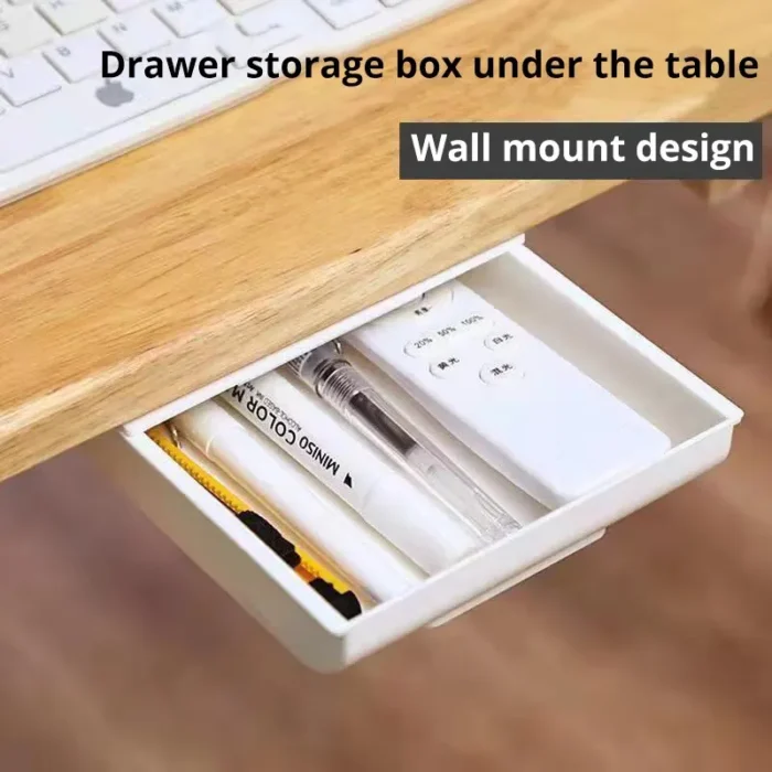 1pc White SelfAdhesive Storage Drawer Box Makeup Pencil Tray Desk Hidden Under Desk Stand Self-adhesive Under-drawer Storage Box - Image 1