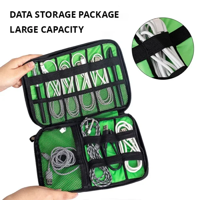 kf-S948007665e6448ab9956bbb5febc3e0fq 1pc Black Green Storage Bag Electronic Accessory Organizer Portable Usb Data Cable Charger Plug Travel Waterproof Organizer - Image 1