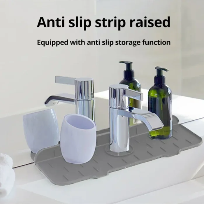 kf-S962f46d6afc84ed2b554de62f469aa5ce 1PC Grey 37X14CM Kitchen Faucet Absorbent Mat Sink Splash Guard Silicone Drainage Drying Pad Countertop Protection - Image 3