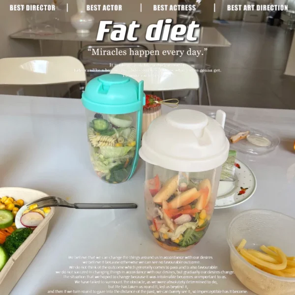 1pc White/Green Portable Bottle Salad Container Bottle-Shaped Bento Salad Bowl For Lunch Salad Box With Fork Salad Bowl - Image 2