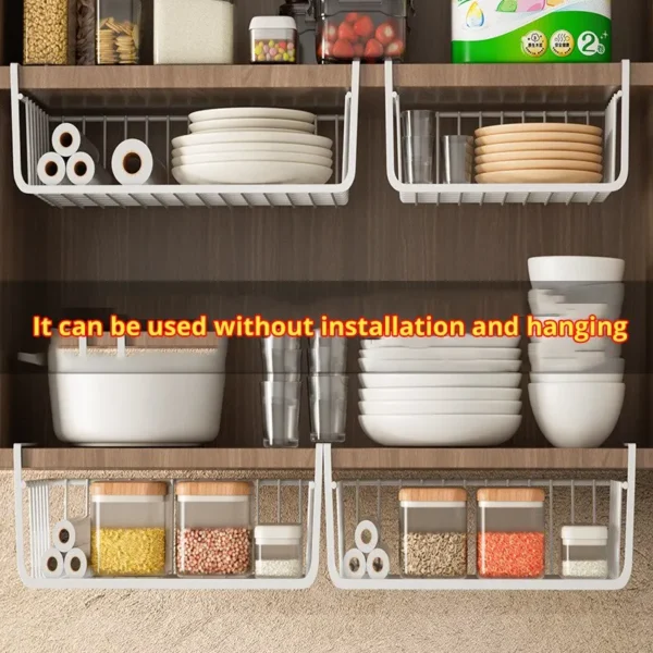 kf-S9cd2ddb7d1934b388bb2982487f253bfq 1pc White/Black Hanging Net Basket Iron Material Large Capacity Hanging Under Cabinet Wall Wardrobe Storage Basket Kitchen Tools - Image 1