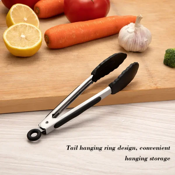 1 Pc Black Silicone Food Tongs, Stainless Steel Food Tongs Outdoor BBQ Clamps For Camping Kitchen Tongs For Baking Steak - Image 2