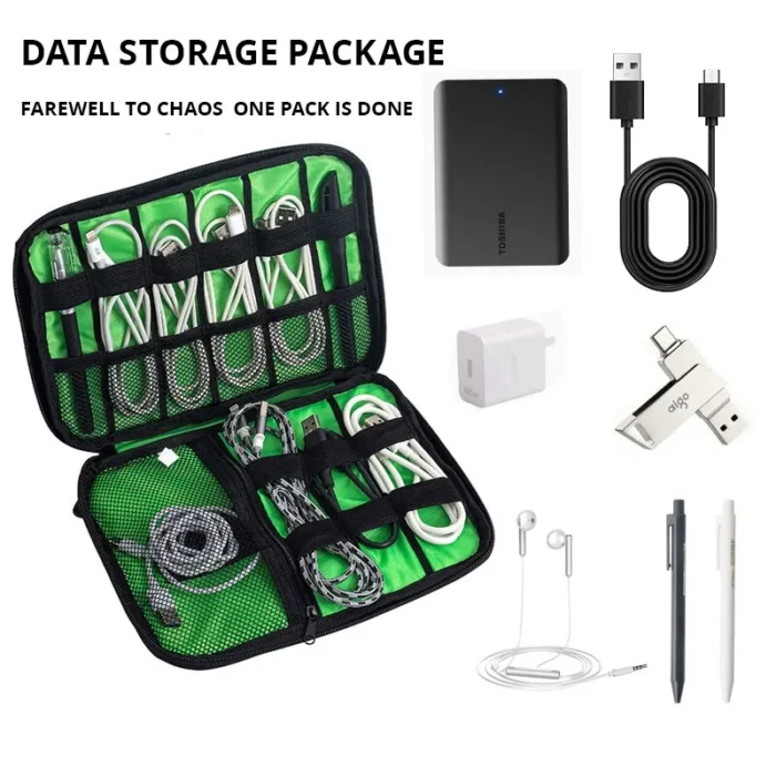 kf-Sa5bfa0346f4149fb992f2613004def26A 1pc Black Green Storage Bag Electronic Accessory Organizer Portable Usb Data Cable Charger Plug Travel Waterproof Organizer - Image 3